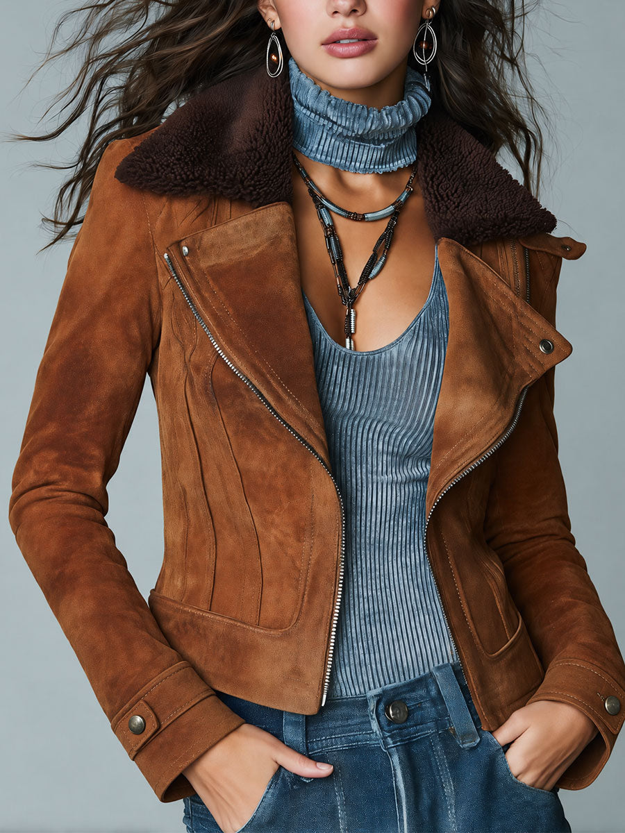 Boho Suede-Look Asymmetric Zip Moto Jacket with Faux Shearling Collar