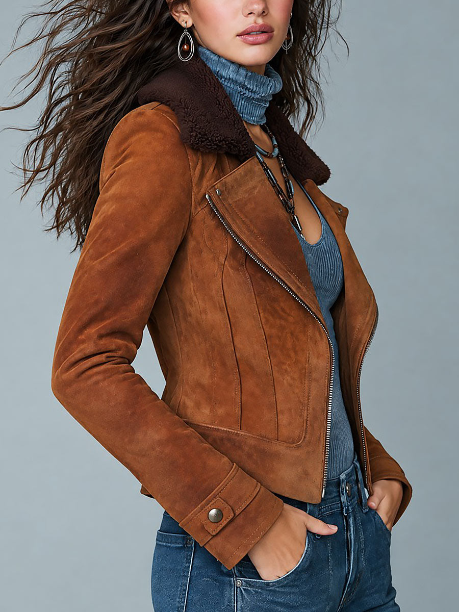 Boho Suede-Look Asymmetric Zip Moto Jacket with Faux Shearling Collar