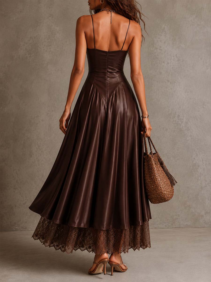 Elegant Draped Cowl Neck Satin Spaghetti Strap Midi Dress With Lace Hem Underlayer