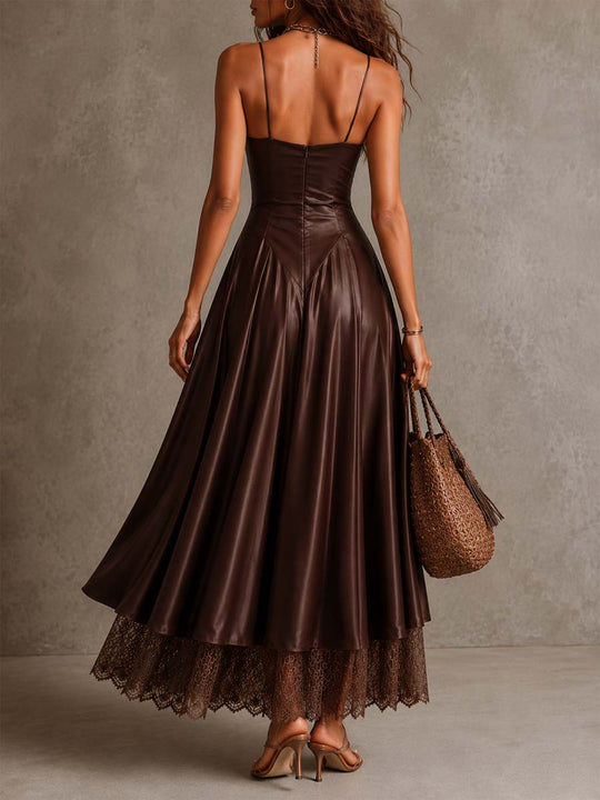 Elegant Draped Cowl Neck Satin Spaghetti Strap Midi Dress With Lace Hem Underlayer