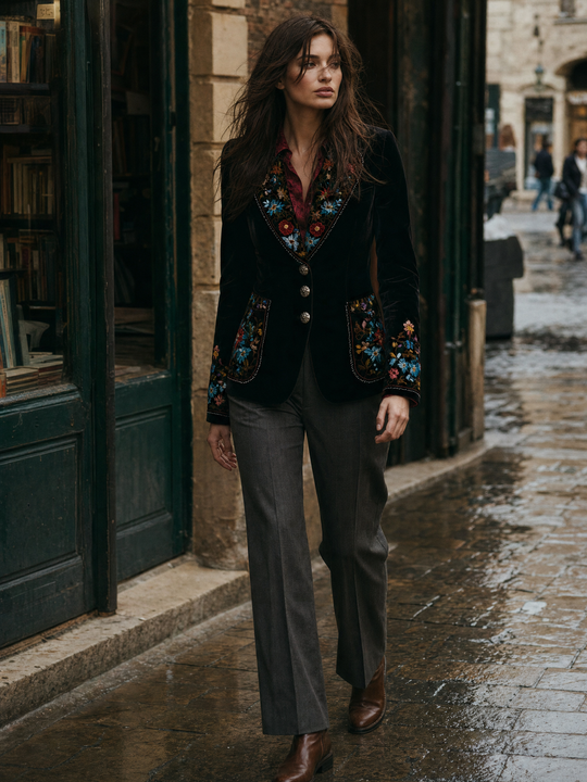 Velvet Blazer With Colorful Floral Embroidery