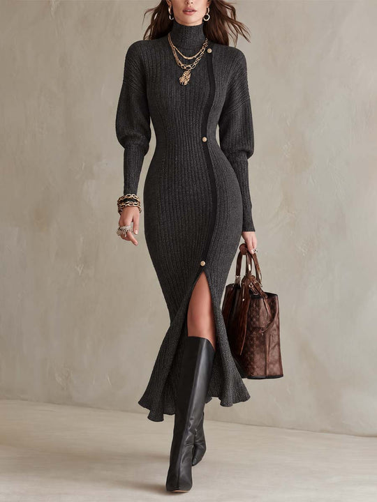 Women's Charcoal Ribbed Knit High-Neck Maxi Dress with Gold-Tone Buttons and Front Slit