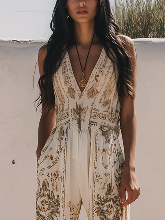 Casual Bohemian Cotton and Linen Sleeveless Jumpsuit