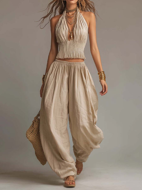 Bohemian Cotton-Linen Halter Smocked Crop Top & Harem Pants Two-Piece Set