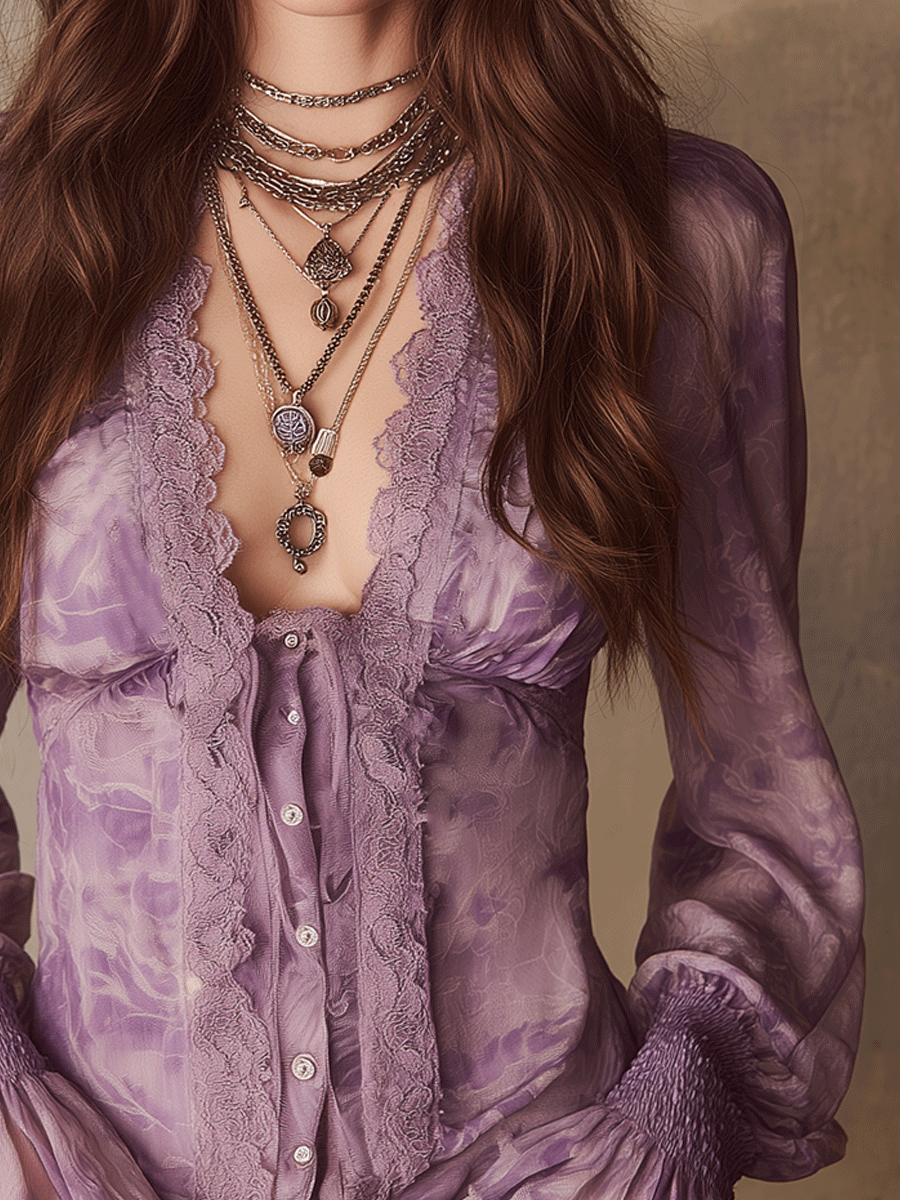 Romantic Lavender Boho Ruffle Chiffon Blouse