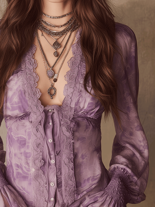Romantic Lavender Boho Ruffle Chiffon Blouse