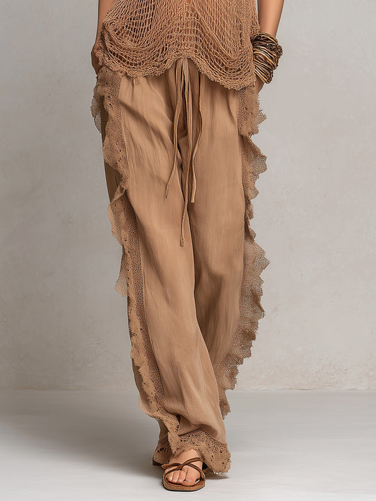 Chic Cotton Straight-leg Trousers With Side Lace