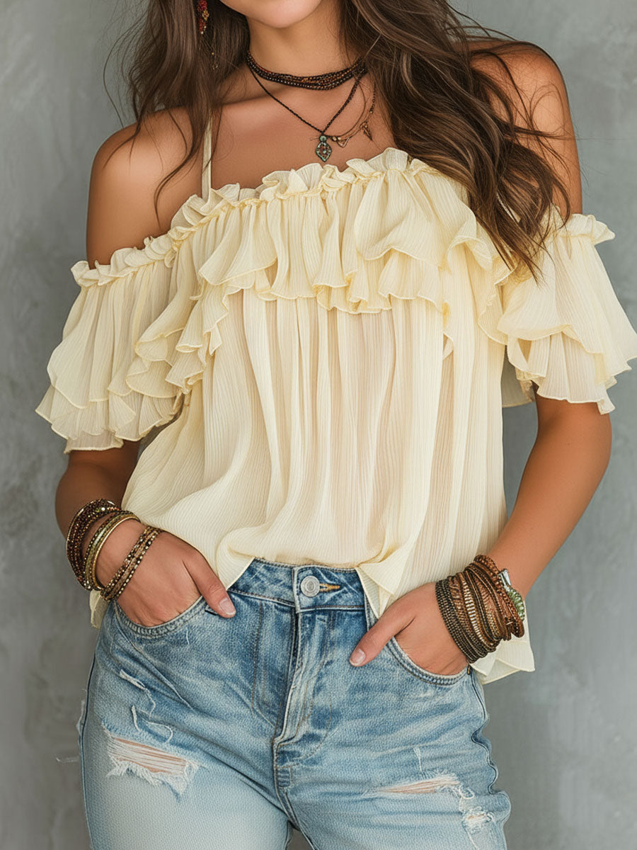 Boho Soft Yellow Cold-Shoulder Ruffled Chiffon Blouse