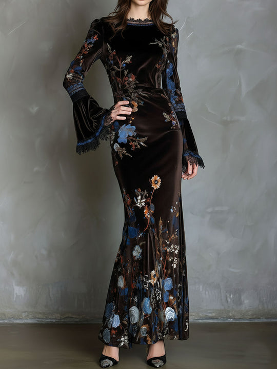 Elegance Midnight Velvet Floral Gown With Lace Trim