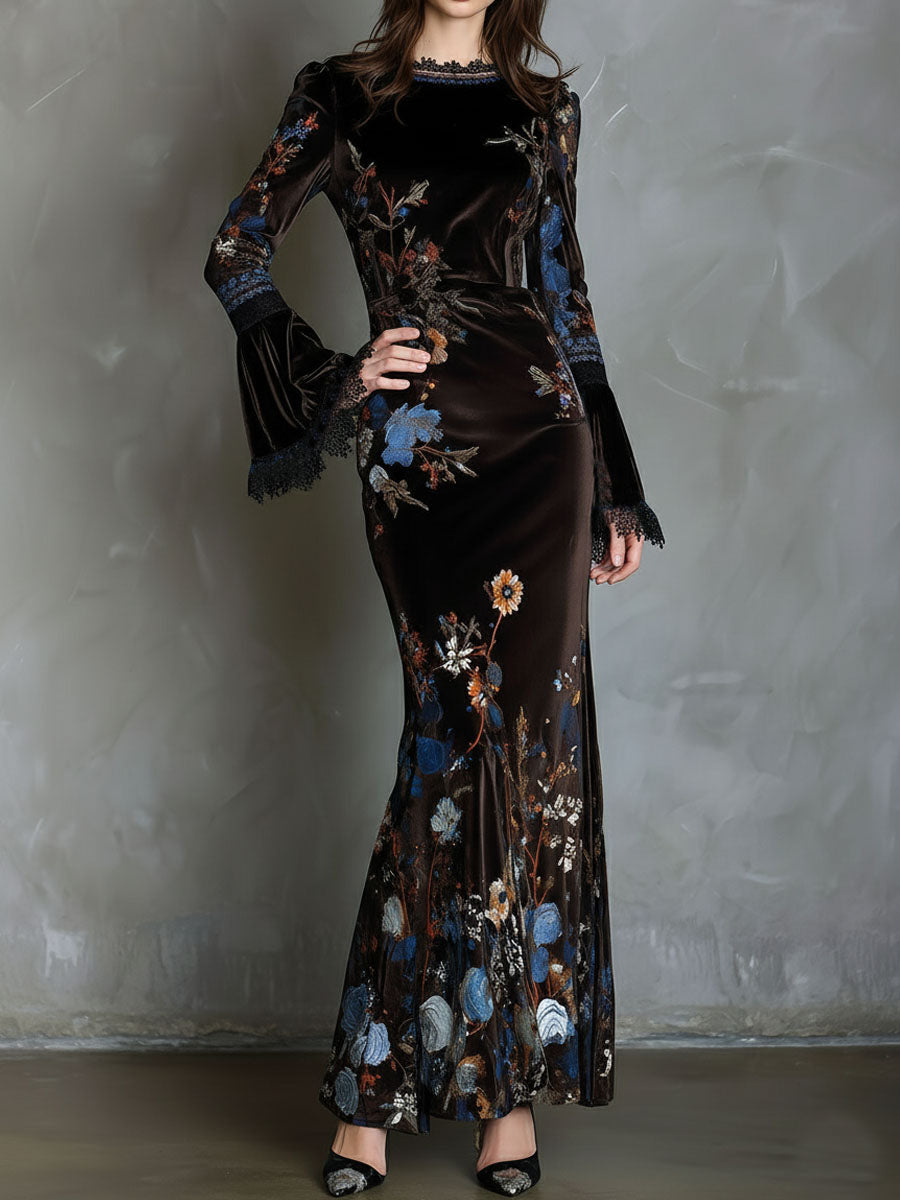 Elegance Midnight Velvet Floral Gown With Lace Trim