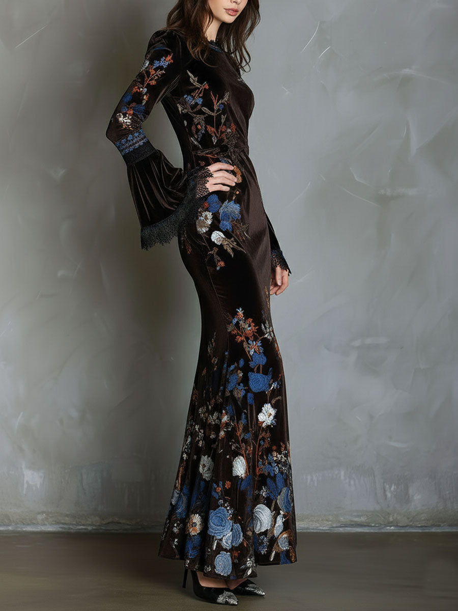 Elegance Midnight Velvet Floral Gown With Lace Trim