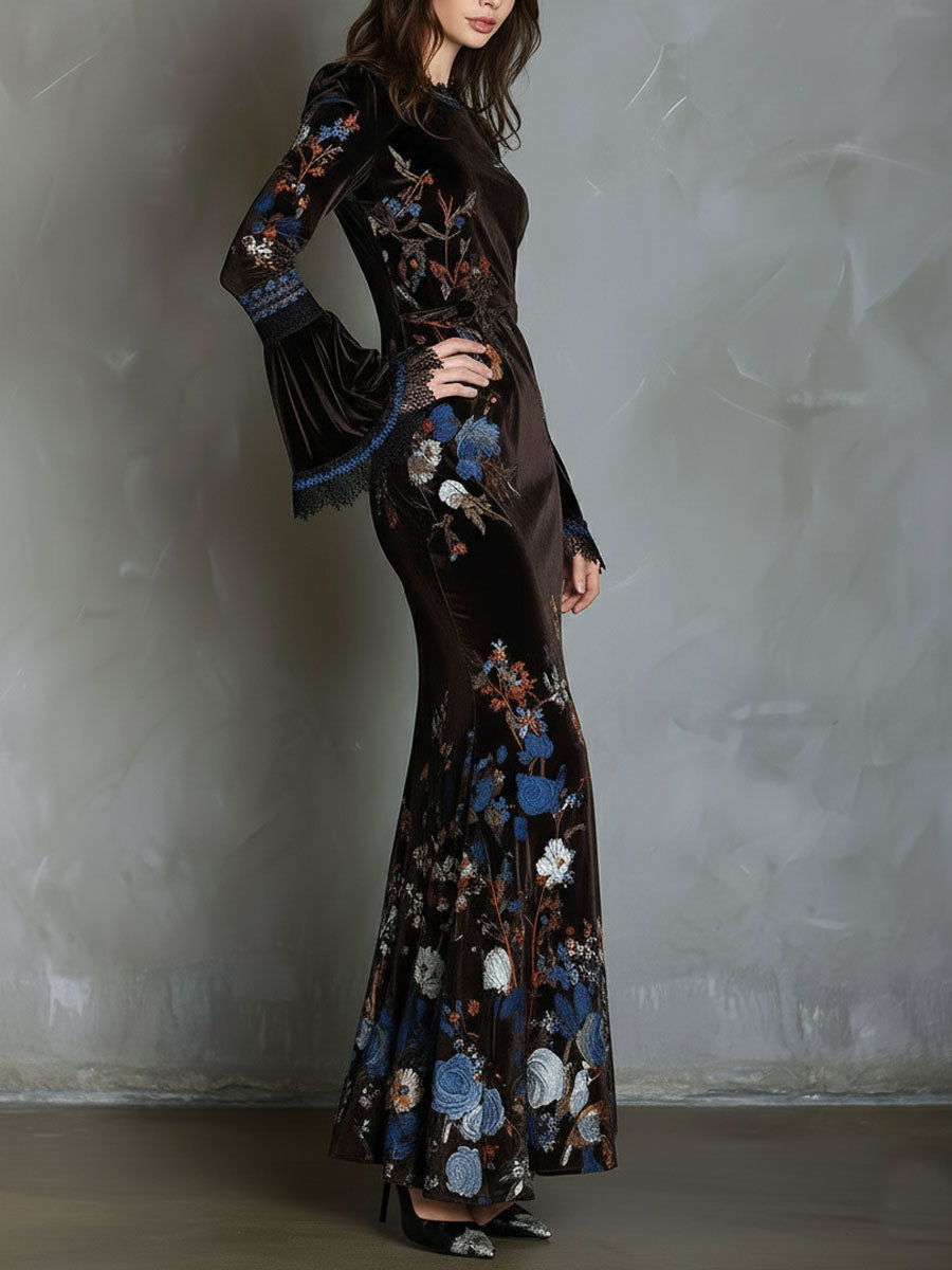 Elegance Midnight Velvet Floral Gown With Lace Trim
