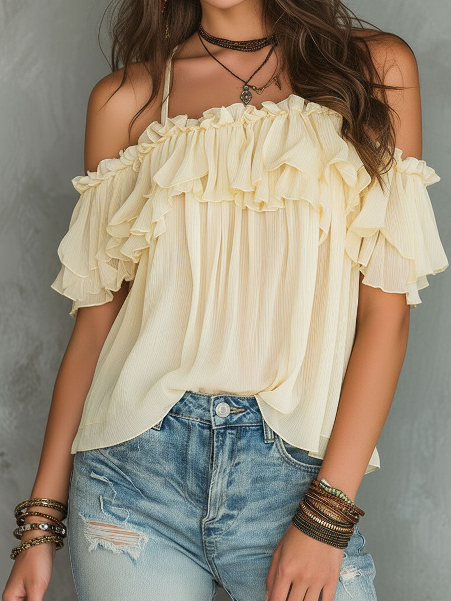 Boho Soft Yellow Cold-Shoulder Ruffled Chiffon Blouse