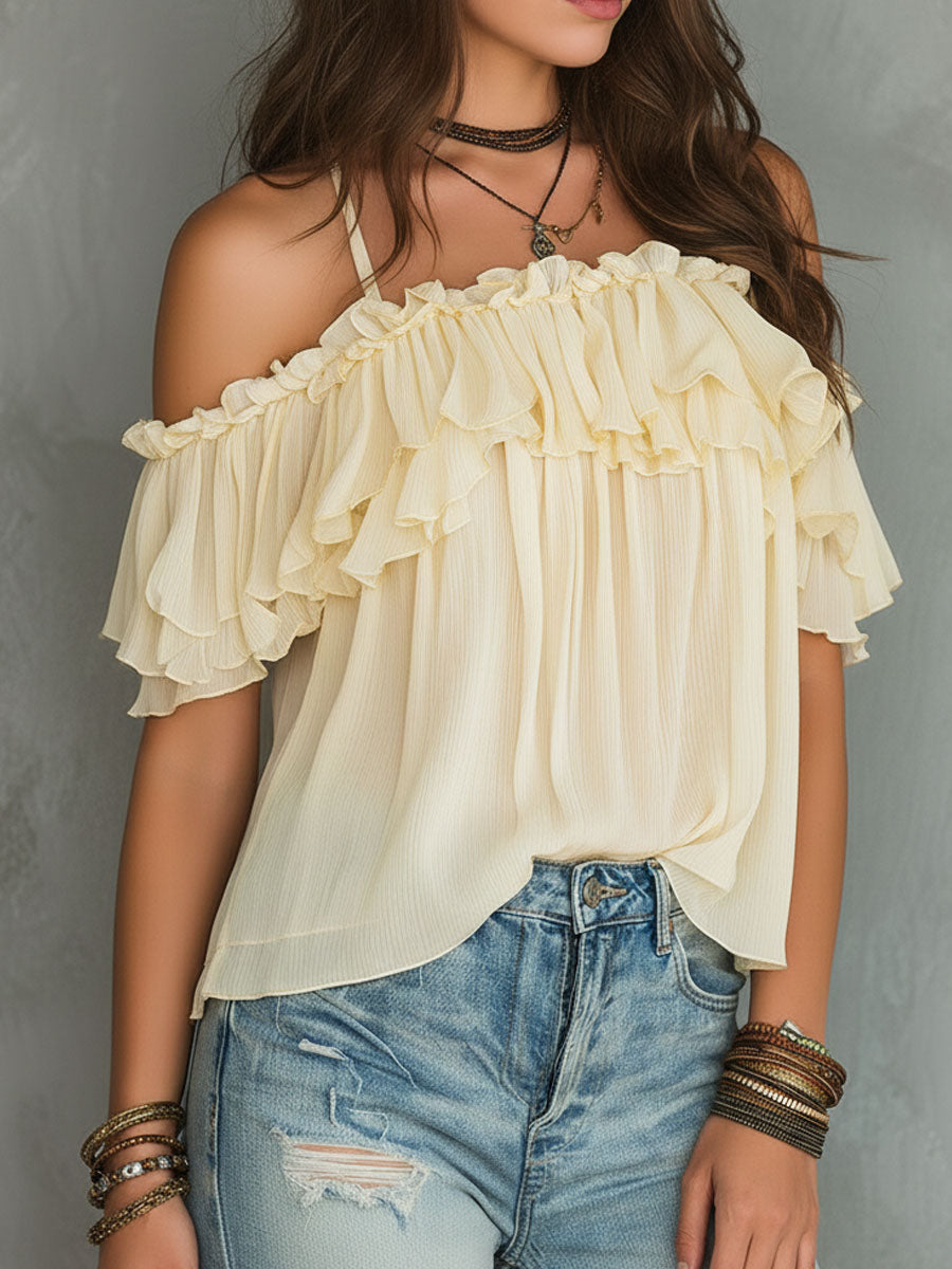 Boho Soft Yellow Cold-Shoulder Ruffled Chiffon Blouse