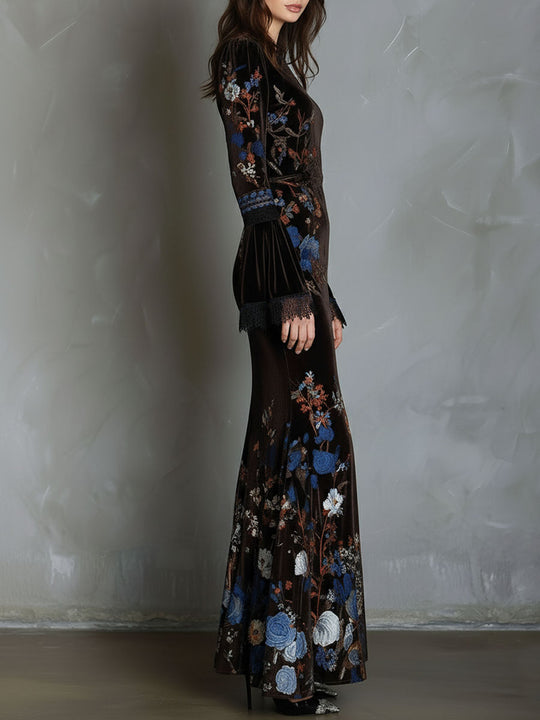 Elegance Midnight Velvet Floral Gown With Lace Trim