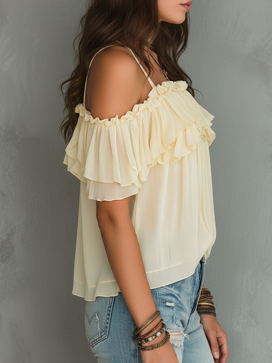 Boho Soft Yellow Cold-Shoulder Ruffled Chiffon Blouse