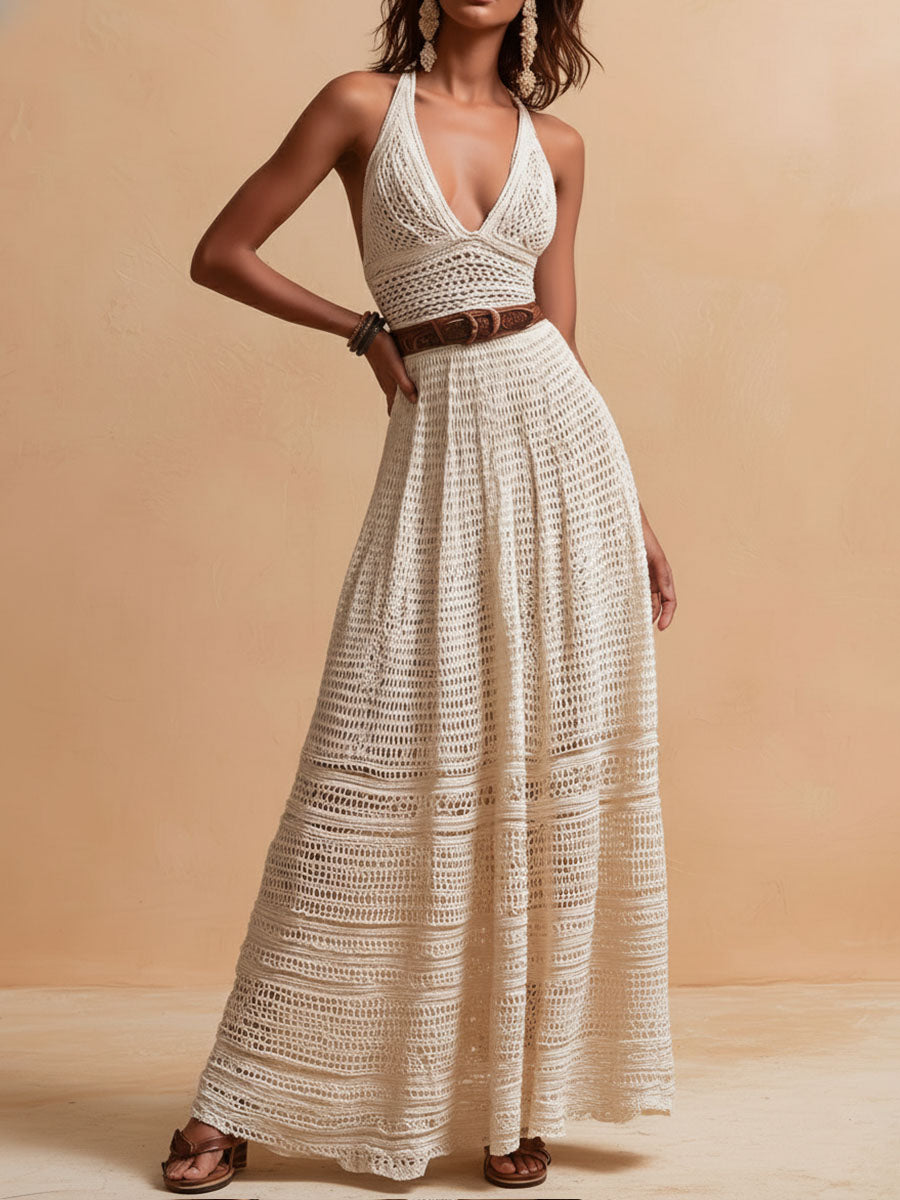 Boho Chic Ivory Crochet Halter Maxi Dress With Waist Belt