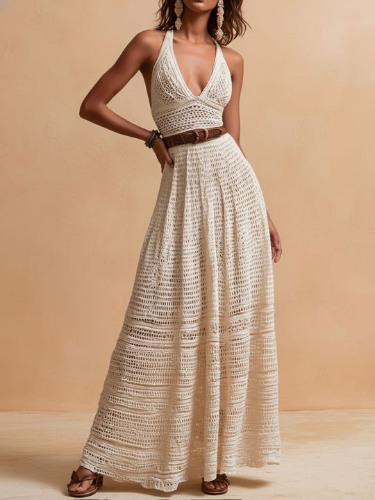 Boho Chic Ivory Crochet Halter Maxi Dress With Waist Belt