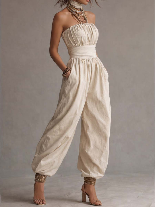 Bohemian Cotton Strapless Balloon-Leg Jumpsuit