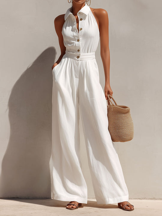 Boho Chic White Button-Front Halter  Wide-Leg Jumpsuit