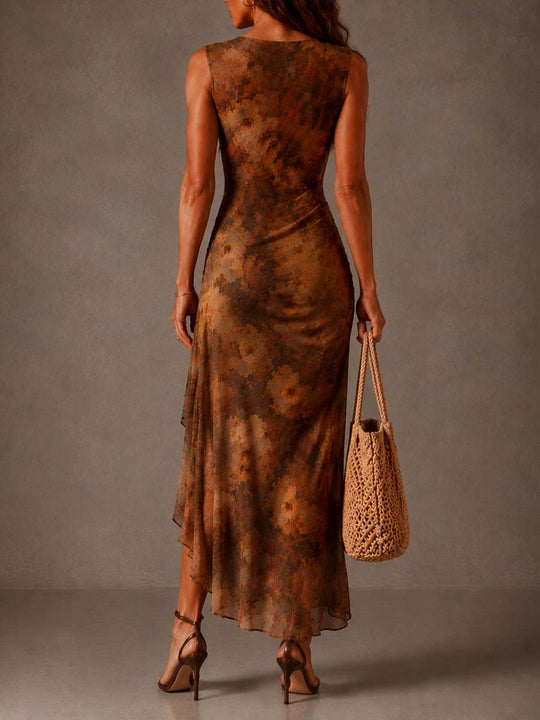 Draped Cowl Neck Vintage Floral Mesh Tie Side High Slit Midi Dress