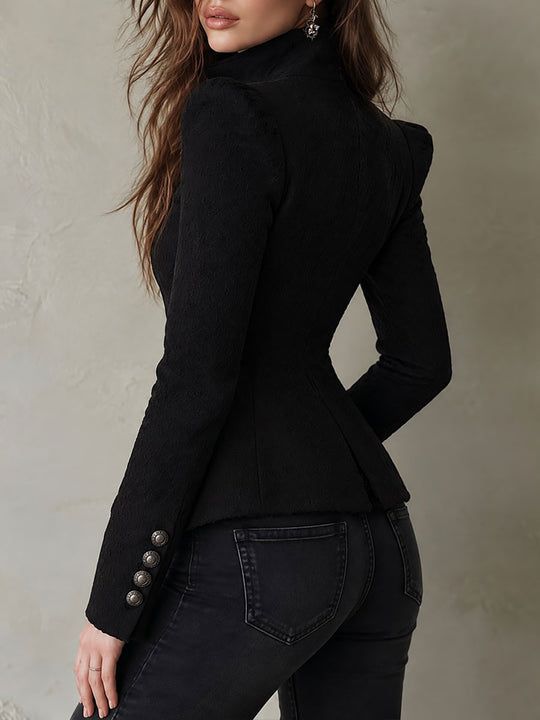 Quiet Luxury Heart-shaped Neckline Structured Lace-Trim Fitted Jacket with Silver Buttons