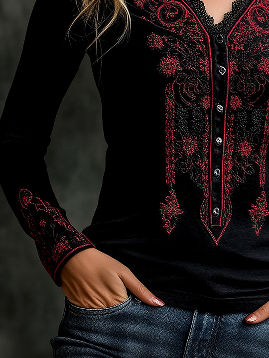 Ethnic Embroidery Lace Trim Henley T-shirt