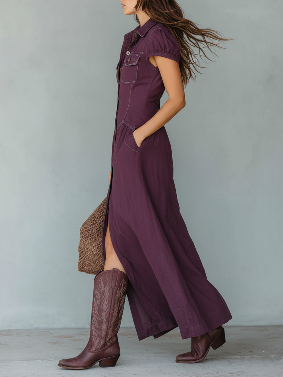 Boho Washed Denim Patch Pocket Maxi Dress