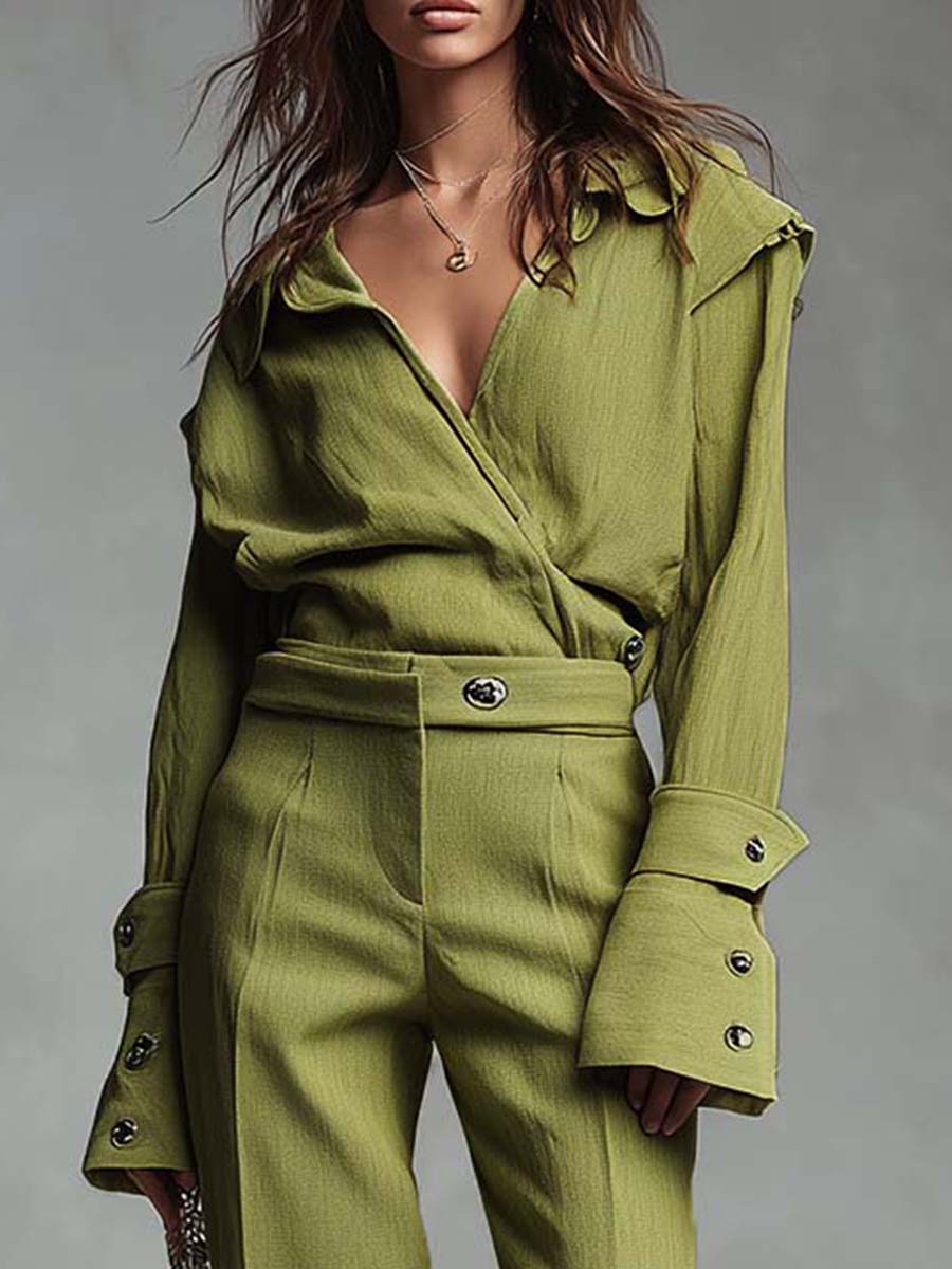 Rayon-Linen Tailored Wrap Shirt & Wide-Leg Trouser Set