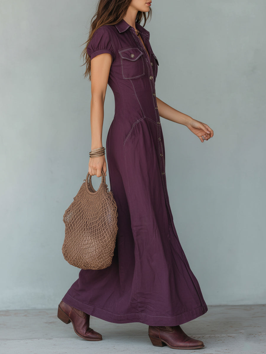 Boho Washed Denim Patch Pocket Maxi Dress