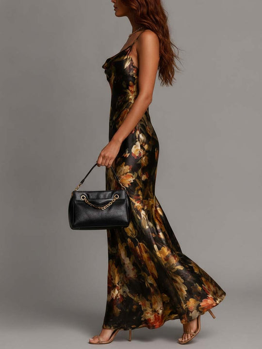 Draped Cowl Neck Floral Print Satin Mermaid Maxi Slip Dress