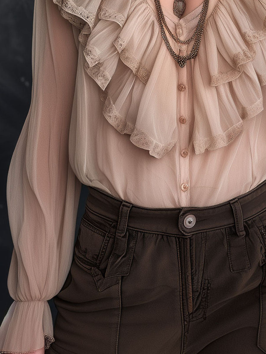 Vintage Champagne Ruffle Chiffon Blouse