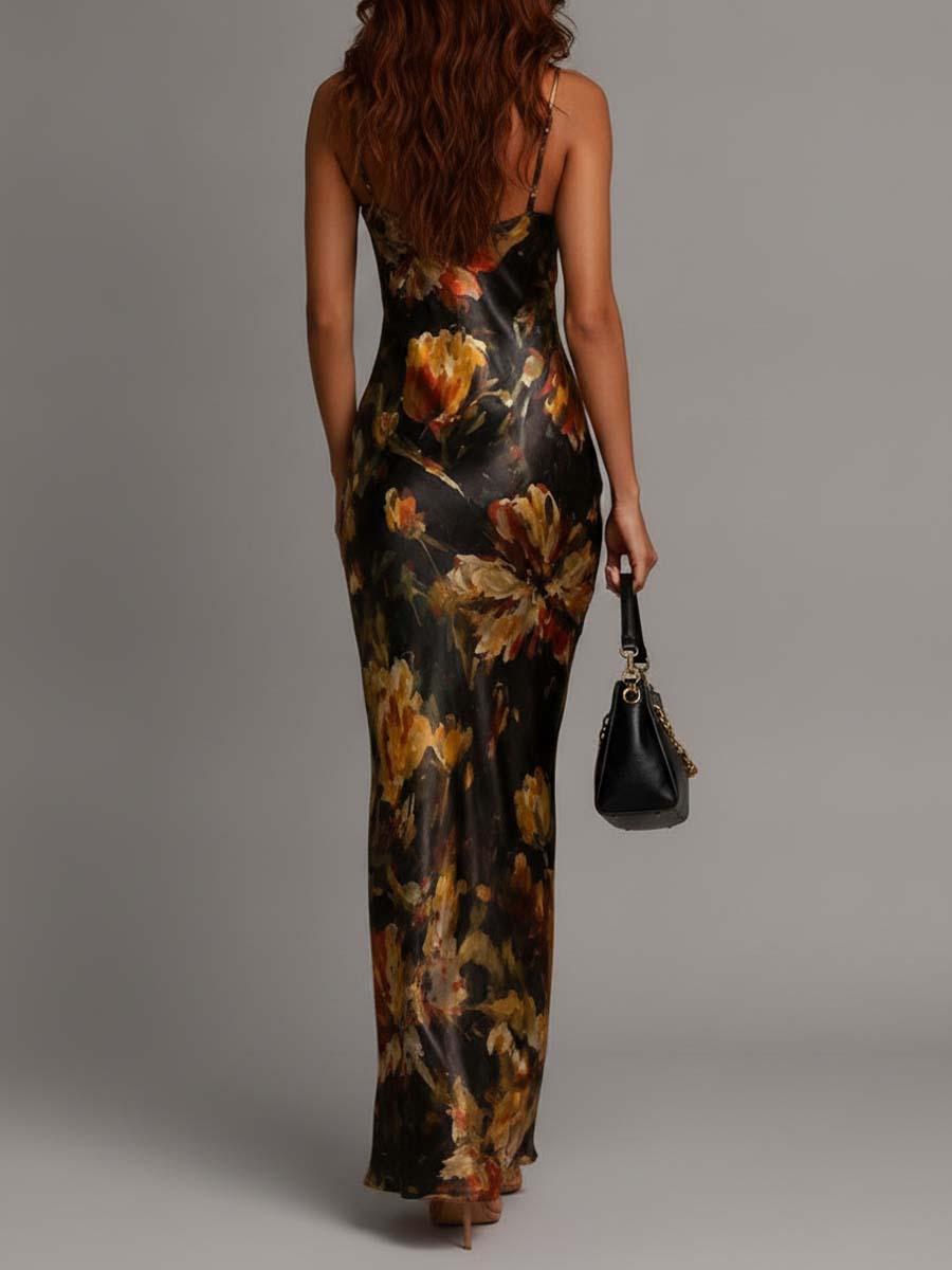 Draped Cowl Neck Floral Print Satin Mermaid Maxi Slip Dress