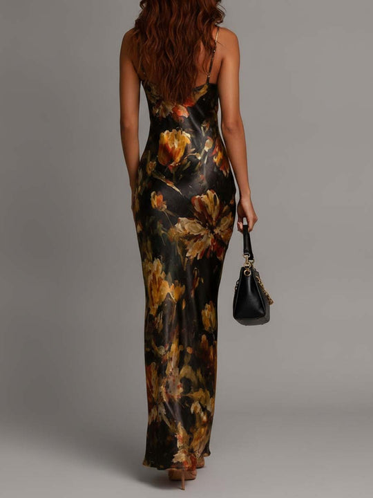 Draped Cowl Neck Floral Print Satin Mermaid Maxi Slip Dress
