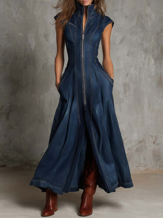 Vintage Boho Zip-Front Denim Maxi Dress