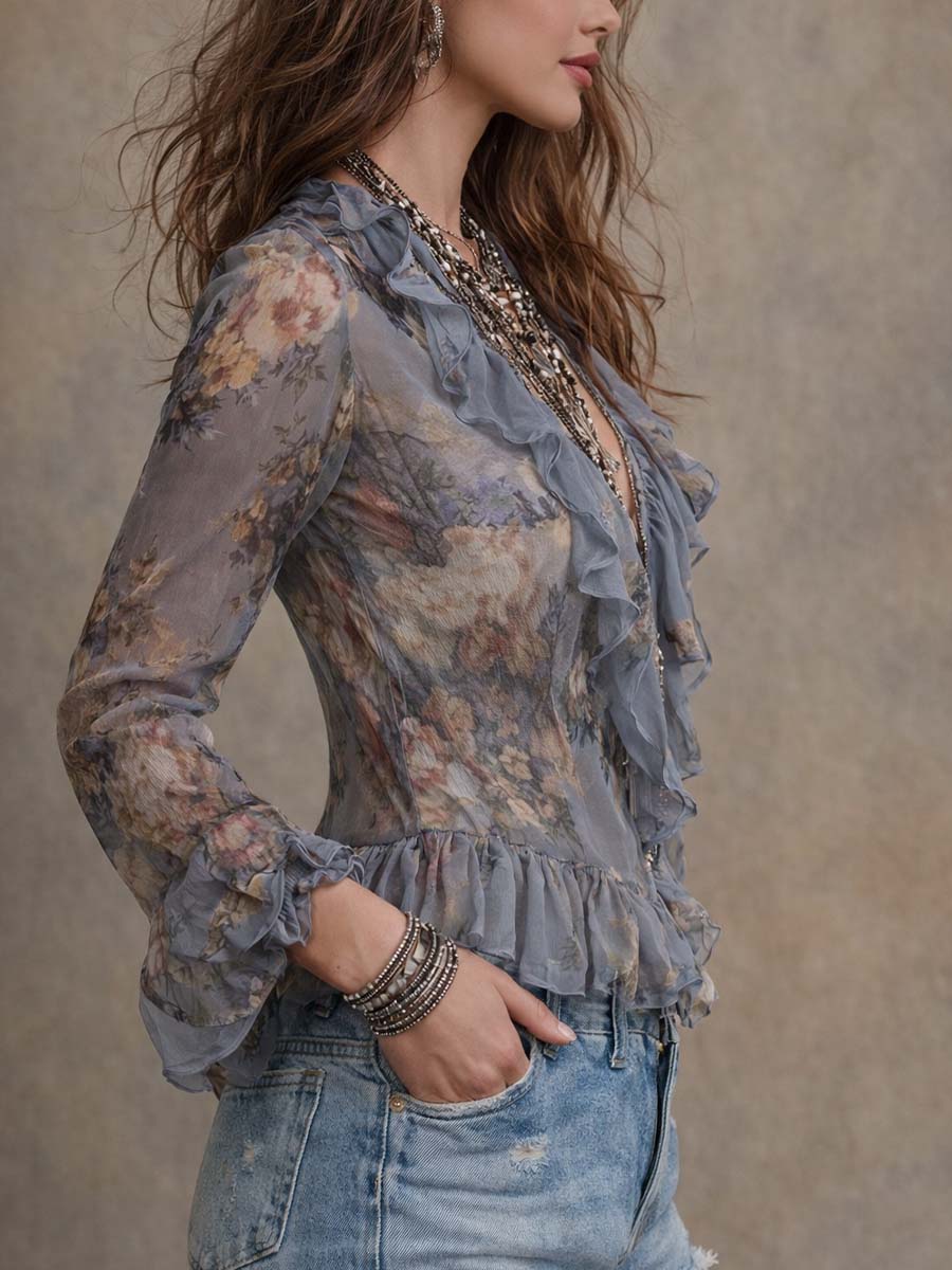 Romantic Bohemian Dusty Blue Floral Ruffle Chiffon Top
