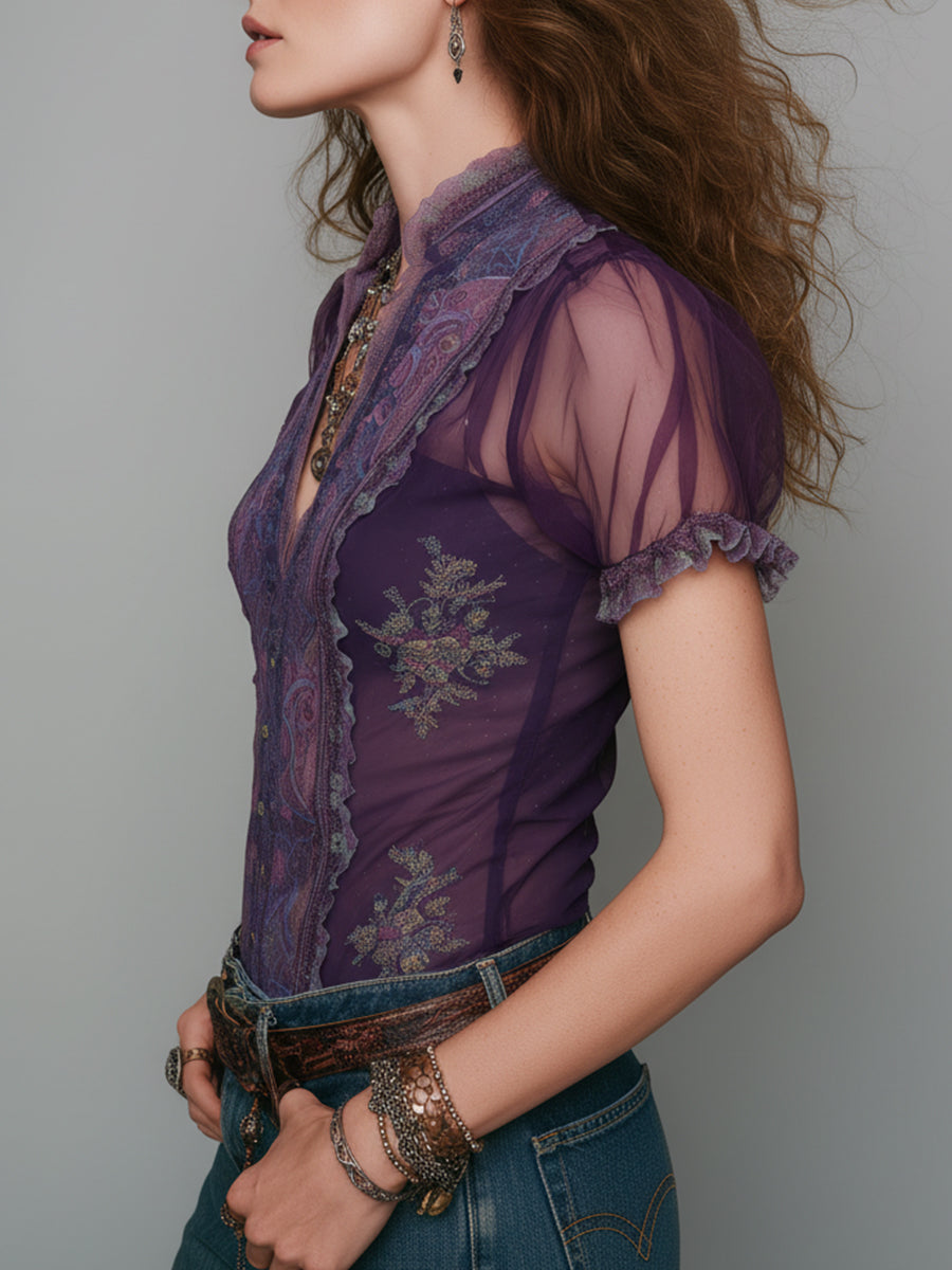 Retro Mesh-Paneled Short-Sleeve Blouse