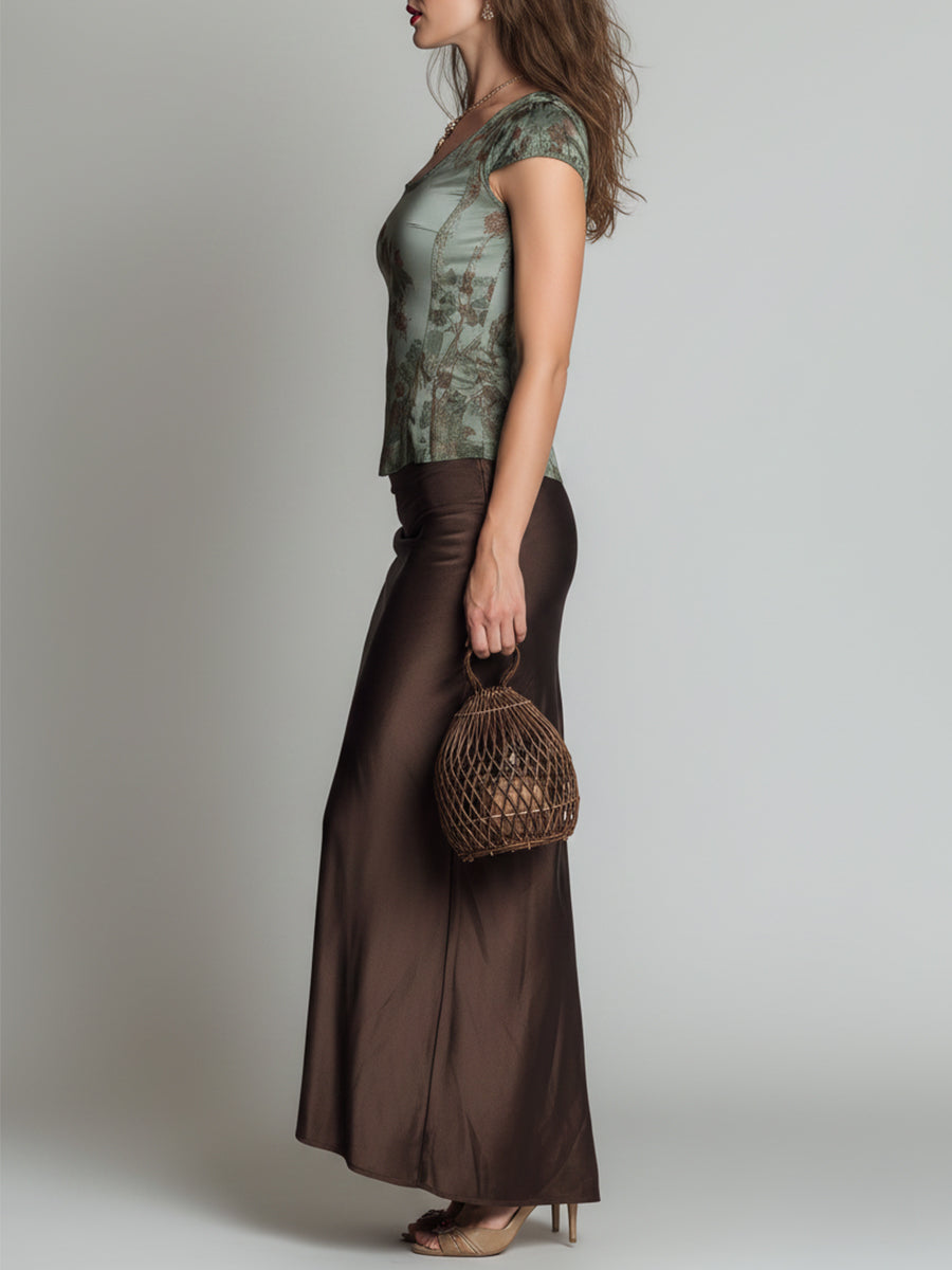 Retro-Print Short-Sleeve T-Shirt & Satin Skirt Set