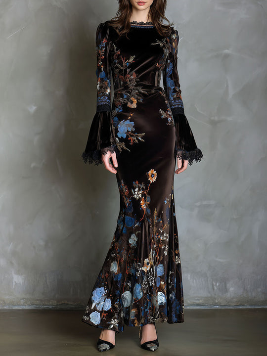 Elegance Midnight Velvet Floral Gown With Lace Trim