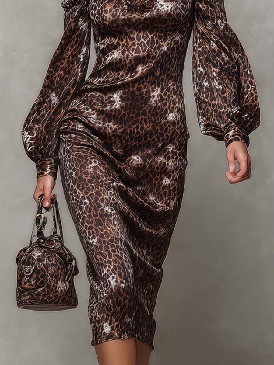 Mocha Leopard Stretch Satin Off-Shoulder Midi Dress