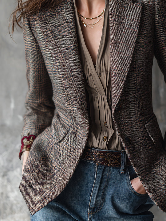 Retro Plaid Woolen Rose Embroidered Lapel Blazer