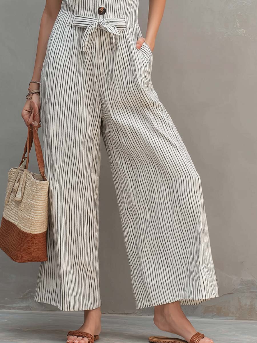 Vintage Lace-trimmed Striped Cotton And Linen Jumpsuit