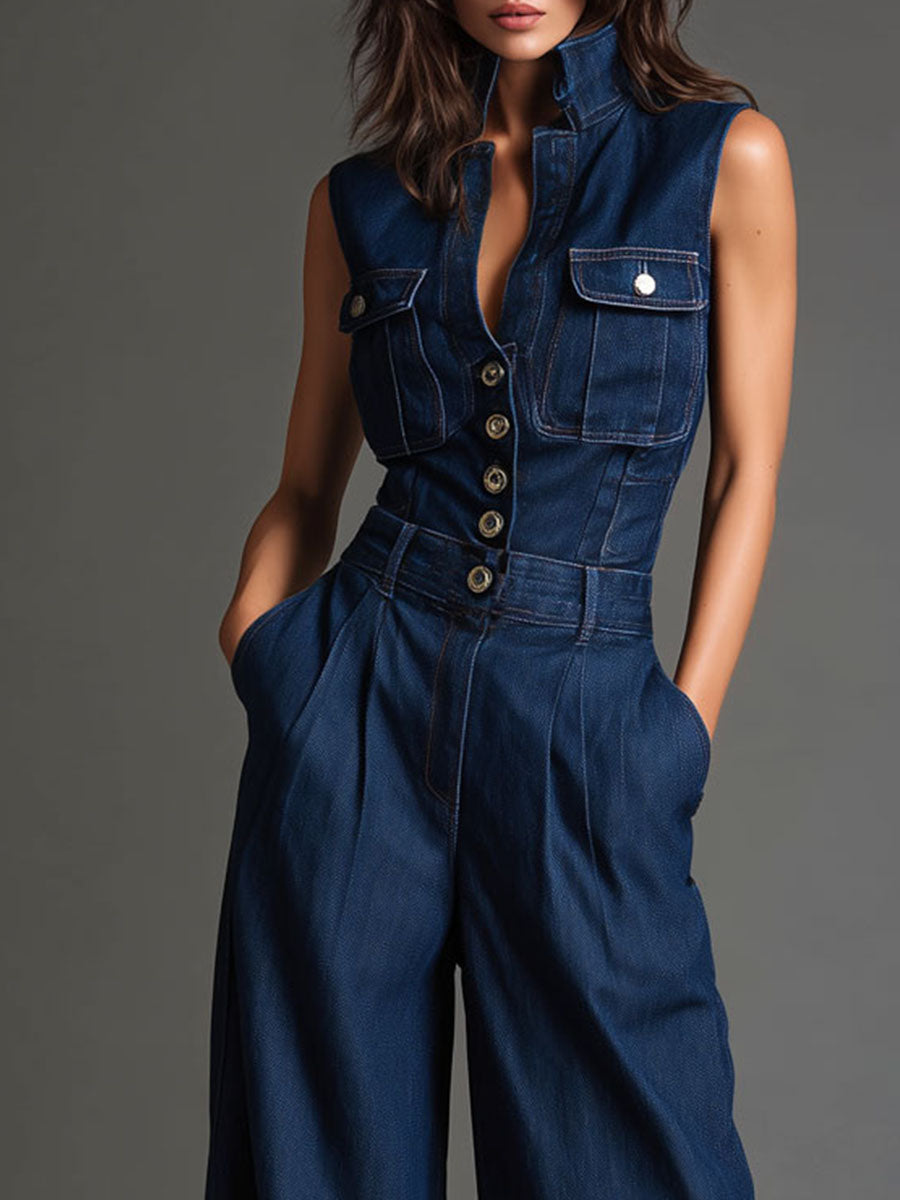 Retro Dark Denim Sleeveless High-Waist Wide-Leg Jumpsuits