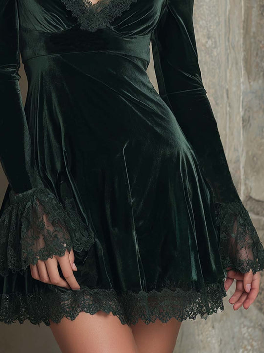 Vintage Lace Trim Polyester Velvet Mini Dress