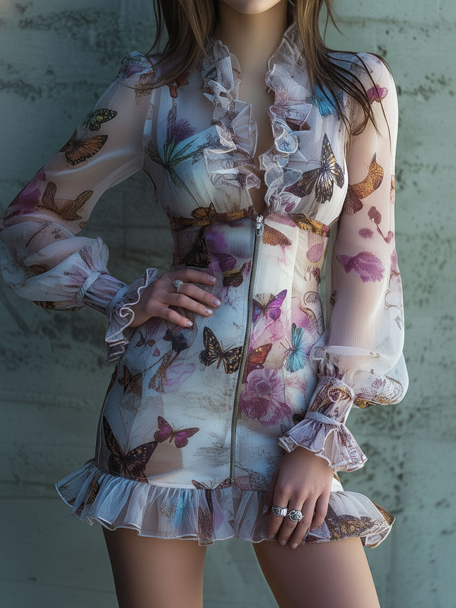 Chic Boho Zip Front Sheer Butterfly Print Ruffle Mini Dress