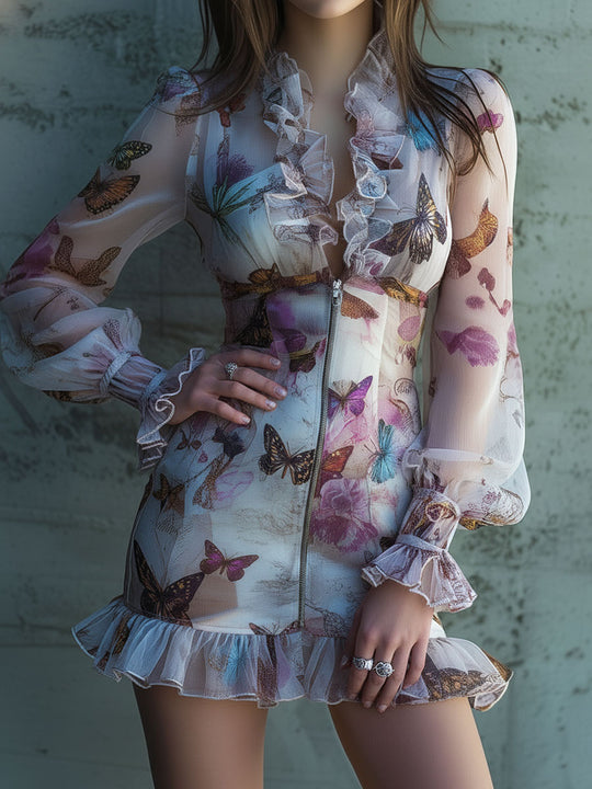 Chic Boho Zip Front Sheer Butterfly Print Ruffle Mini Dress