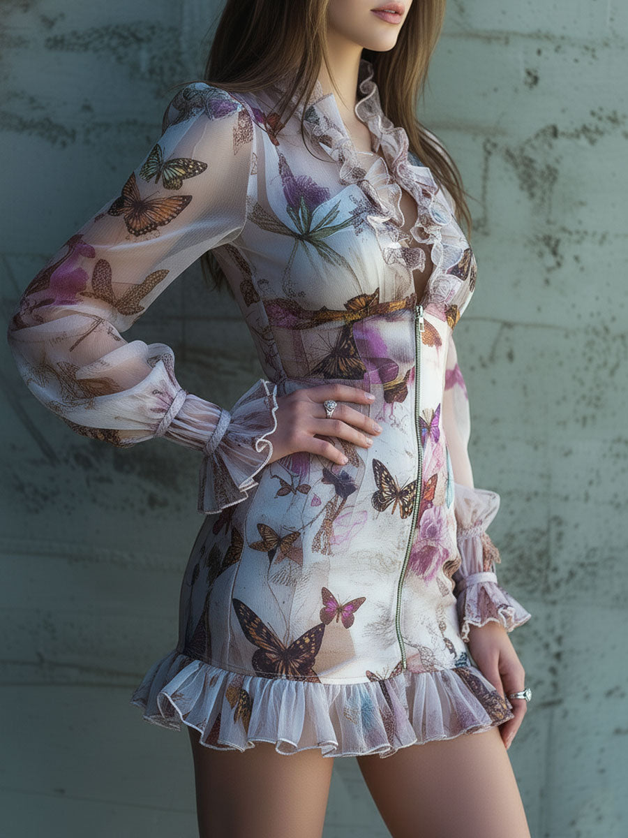 Chic Boho Zip Front Sheer Butterfly Print Ruffle Mini Dress