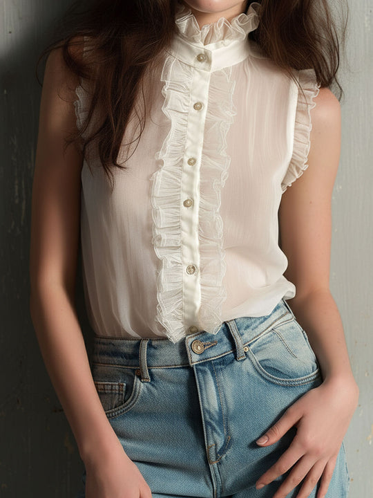 Retro Romantic Sheer Ruffled High-Neck Sleeveless Blouse