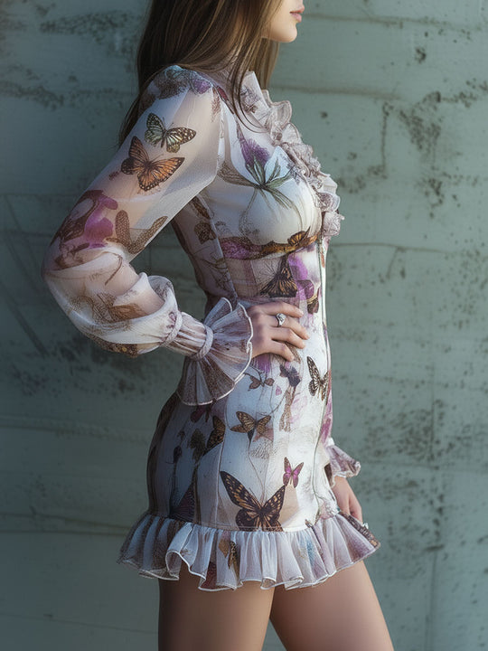 Chic Boho Zip Front Sheer Butterfly Print Ruffle Mini Dress