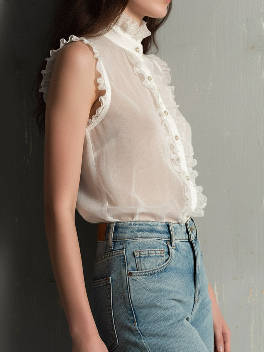 Retro Romantic Sheer Ruffled High-Neck Sleeveless Blouse